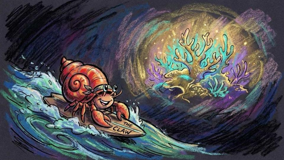 A Little Freedom — a hermit crab surfing a wave on a surfboard called The Claw