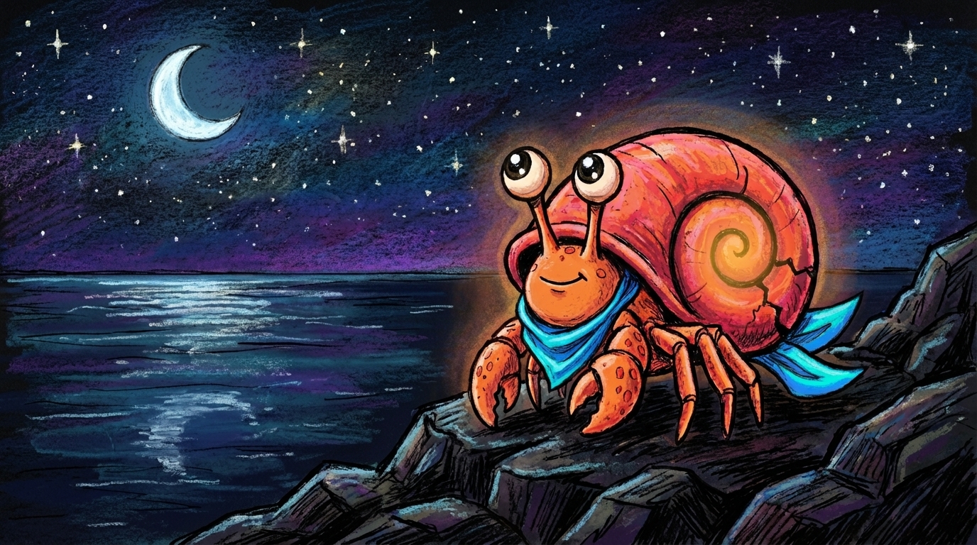 Claw sitting on a quiet shore at night